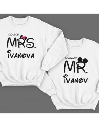 Парные свитшоты для молодоженов "Mr." и "Mrs." с датой свадьбы и фамилиями Парные свитшоты для молодоженов "Mr." и "Mrs." с датой свадьбы и фамилиями